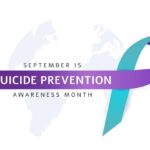 Purple and teal ribbon with text reading ‘September is Suicide Prevention Awareness Month.’