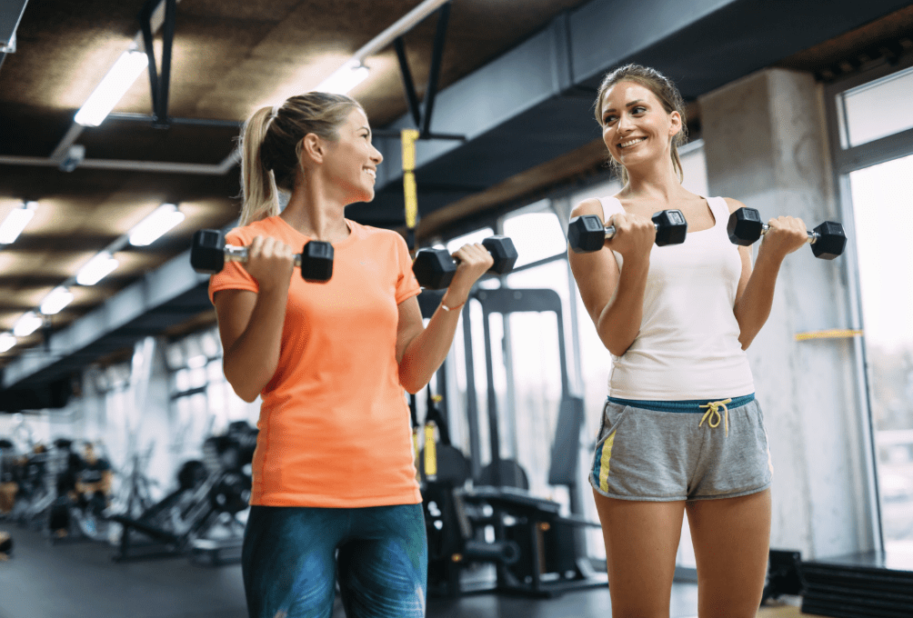 Two women exercising.